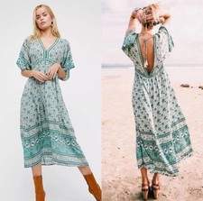 Spell & The Gypsy Dress Gown FLAW Size M Kombi Folk Sage Green Floral Midi RARE