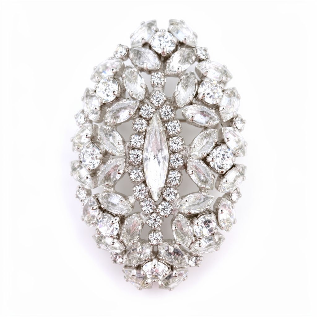 Sherman Signed Vintage Rhinestone Brooch Oval Silver Tone Jewels of Elegance