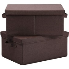 HOONEX Linen Foldable Storage Bins with Lids, 2 Pack, Storage Boxes with Carr...