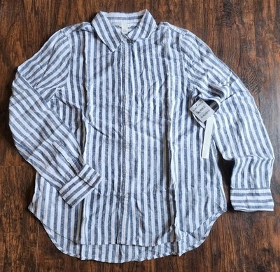 Caslon Womens Stripe Linen Blend Button Down Long Sleeve Shirt, Small, NEW!!