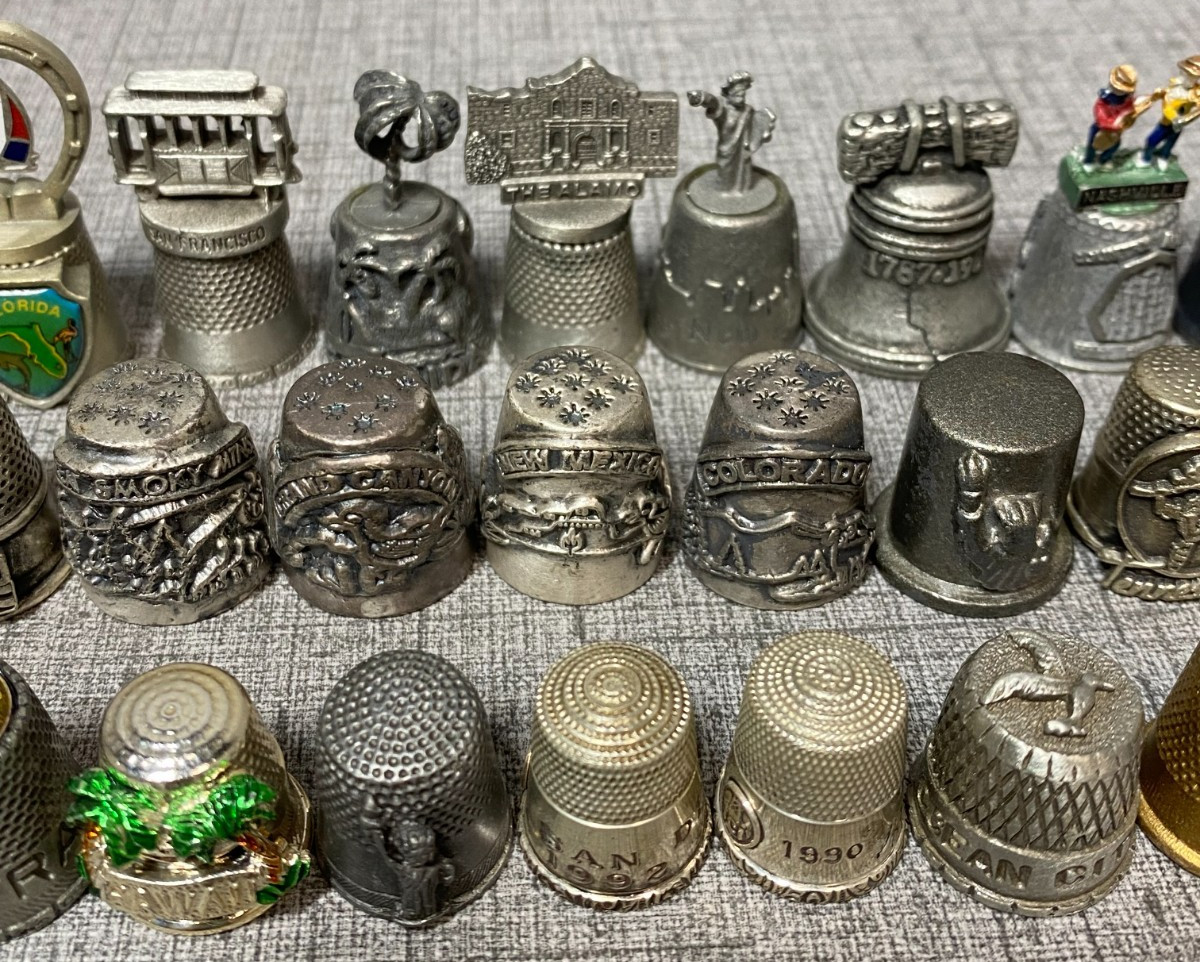 Vintage Lot of 34 Travel State City Landmarks Souvenir Metal Pewter Thimbles