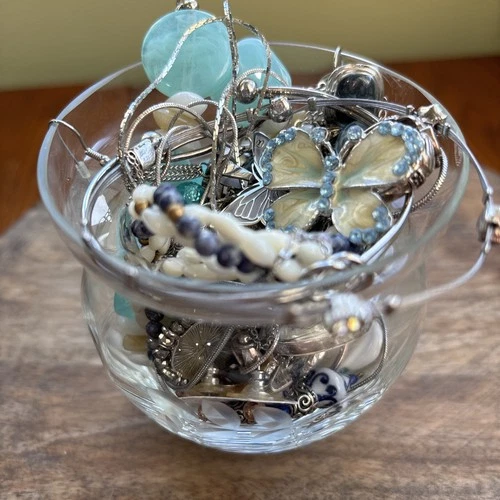 Curated Mystery Jewelry Jar/Vase  Vintage Modern Dainty Blues/Whites Silver Blue