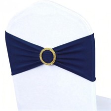 Navy Blue Chair Sashes Gold Buckle Slider Spandex Bands Bows Decor 50 PCS