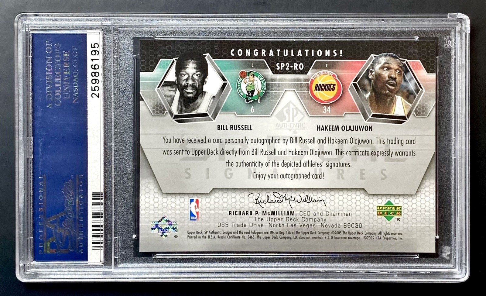 2004-05 SP Authentic BILL RUSSELL/HAKEEM OLAJUWON #1/25 Dual Auto PSA 10 POP 1 view 2