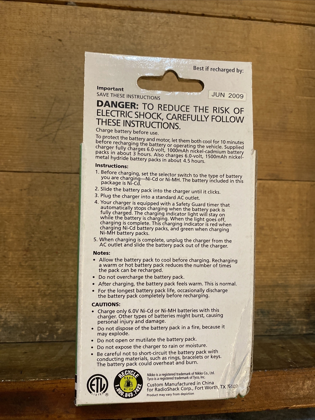 Radio Shack 23351 RC Car 6V 3Hour Battery Pack & Charger Tyco Nikko