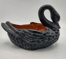 Vtg Terracotta Swan Planter Pottery Redware Matt Glaze Teal/Black 10" L