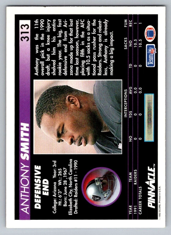 1992 Pinnacle - #313 Anthony Smith - Image 2 of 2