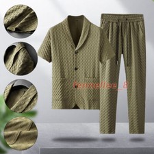 Men's Cotton Linen Walking Suit Summer Short Sleeve Casual Shirt  Pants Set NEW