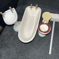 Vintage Dollhouse Miniature Bathroom Set Tub Toilet Standing Sink W/Faucet