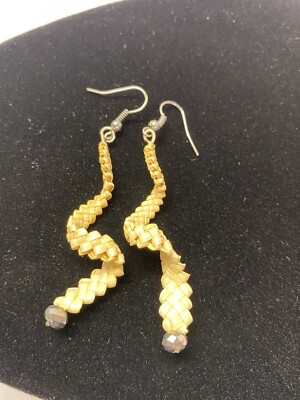 Authentic Native American Indian Made Beaded Earrings Twisted Snake Grass Black
