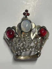 Vintage Coronation Crown Vermeil Brooch Marked Sterling With Opaline Rhinestone