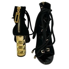 KAT MACONIE Betsy Suede Black Sandals Gold Heels Lace Up women?s size 5.5
