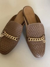 TORY BURCH MINI BENTON WOVEN LEATHER LOAFER SLIDES IN MOOSE SIZE 8,5