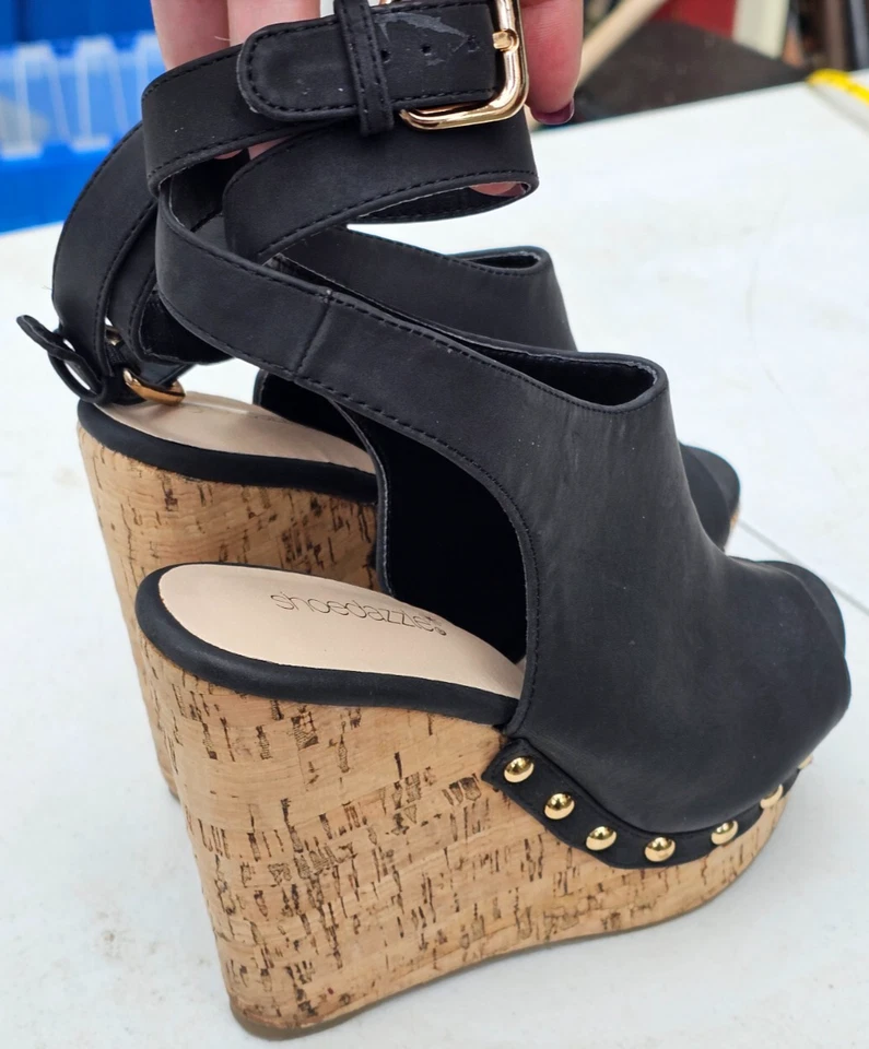 Zapatos de gamuza negro/madera cuña al tobillo talla 7,5 tacones Foto 3 de 4