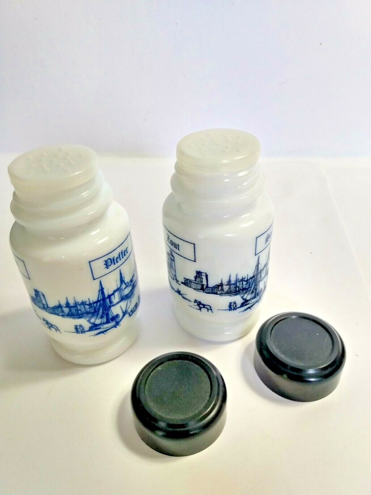 Dutch Milk Glass salt and pepper shakers Blue illustrations in three languages 
