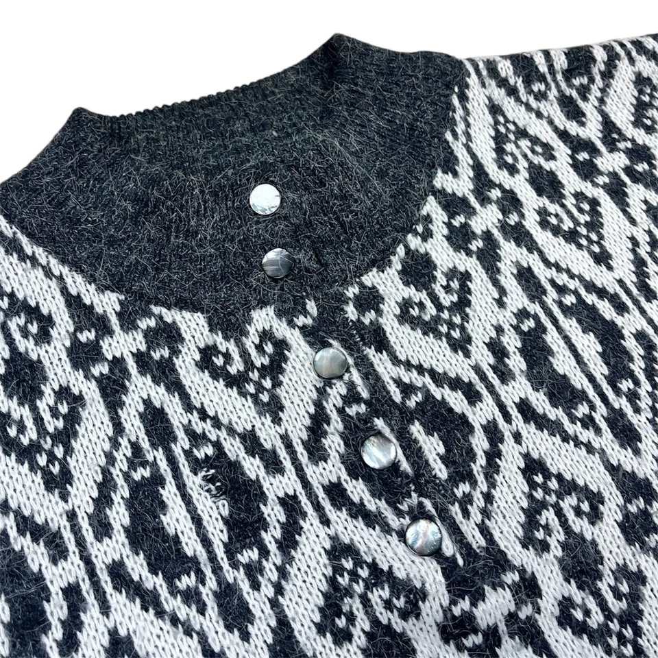 Pull Vintage Années 80 M/L Gris Blanc À Motifs Avec Col Boutonné 12 14 - Photo 2/3