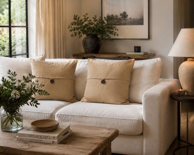 2 schöne 100% Leinen Keramik Scheune Kissen/Kissenbezüge mit Zierknopf