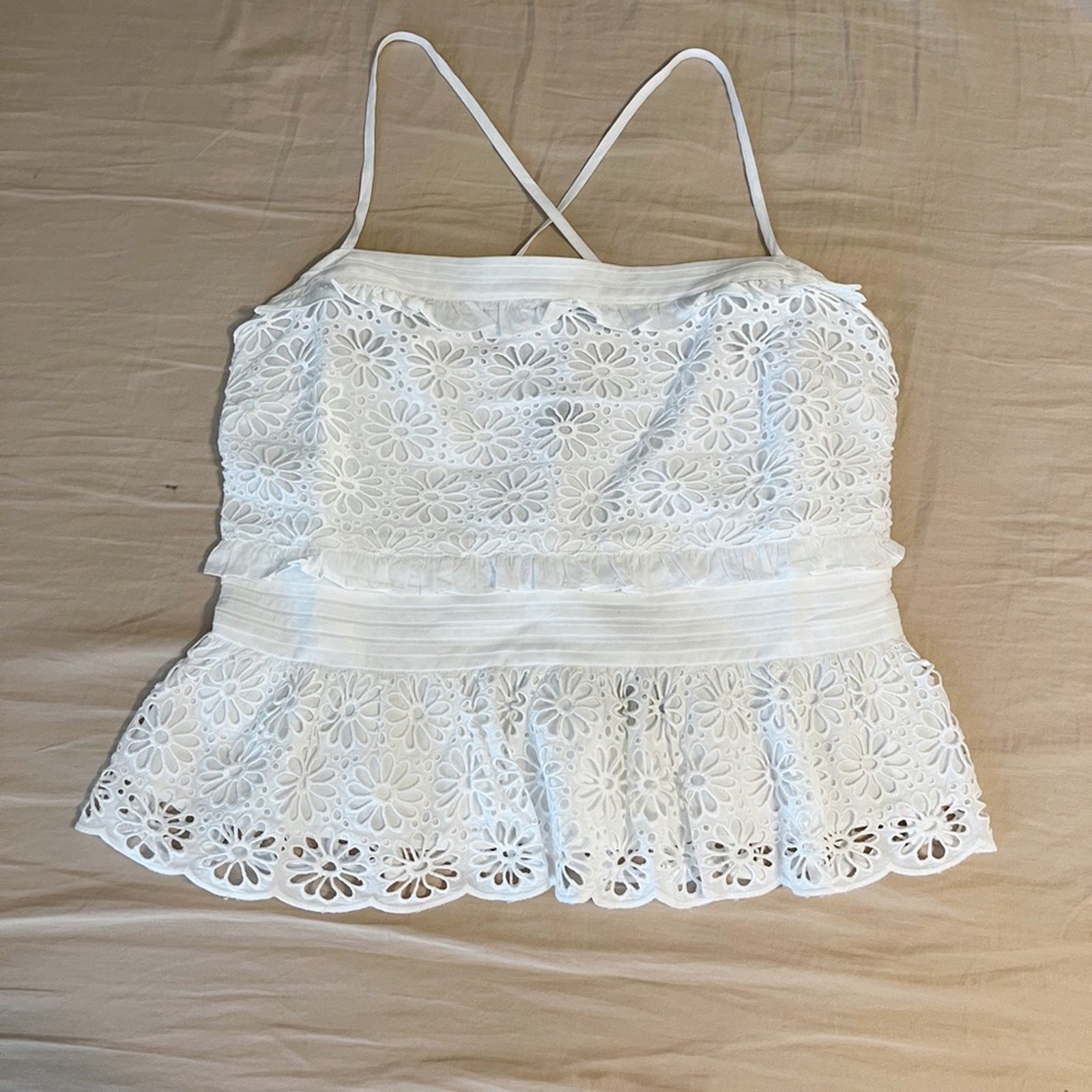NWT J. Crew White Eyelet Smocked Cross Back Top Size Medium
