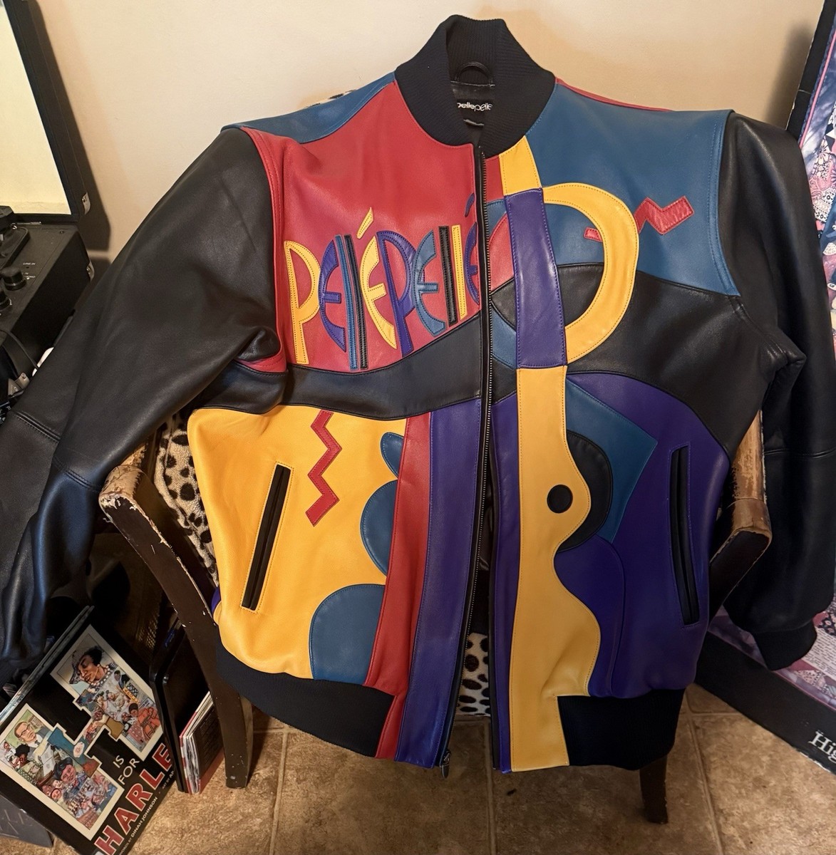ジャケット・アウター pelle pelle real leather bomber jacket Pelle Pelle Multicolor Geometric Leather Bomber Jacket with