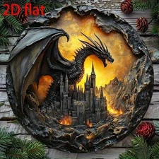 8" Fantasy Dragon & Castle Metal Wall Art