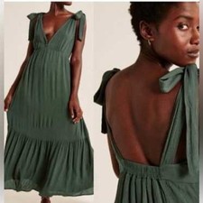 Abercrombie & Fitch Green Tie Shoulder Tiered Maxi Dress Large 100% Viscose