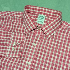 Brooks Brothers 346 Dress Shirt Mens 17 Pink Gingham Slim Fit Non Iron Cotton