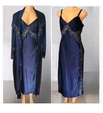 Glossly Midnight Blue SILKY SATIN Gown & Robe  lingerie Nightgown Set Size Small