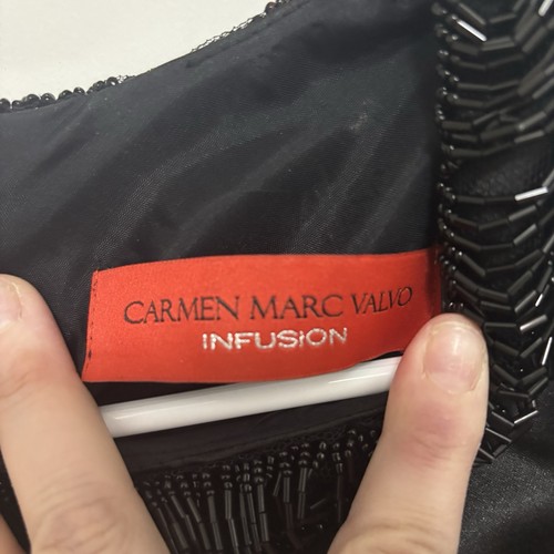 Carmen Marc Valvo Womens Mid Length Black Satin Striped Cocktail Dress. Size 12 - Picture 9 of 11