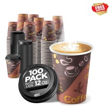 Disposable Coffee Cups with Lids 12 oz 100 Pack - To Go Paper for Hot  Cold ...