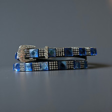 Blue  White Rhinestones in Black Leather Cowboy Hat Band. Banda para sombrero.