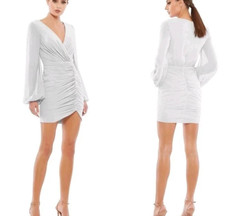 Ieena Mac Duggal White Blouson Mini Bridal Dress 4 Ruched Bishop Sleeve Chiffon