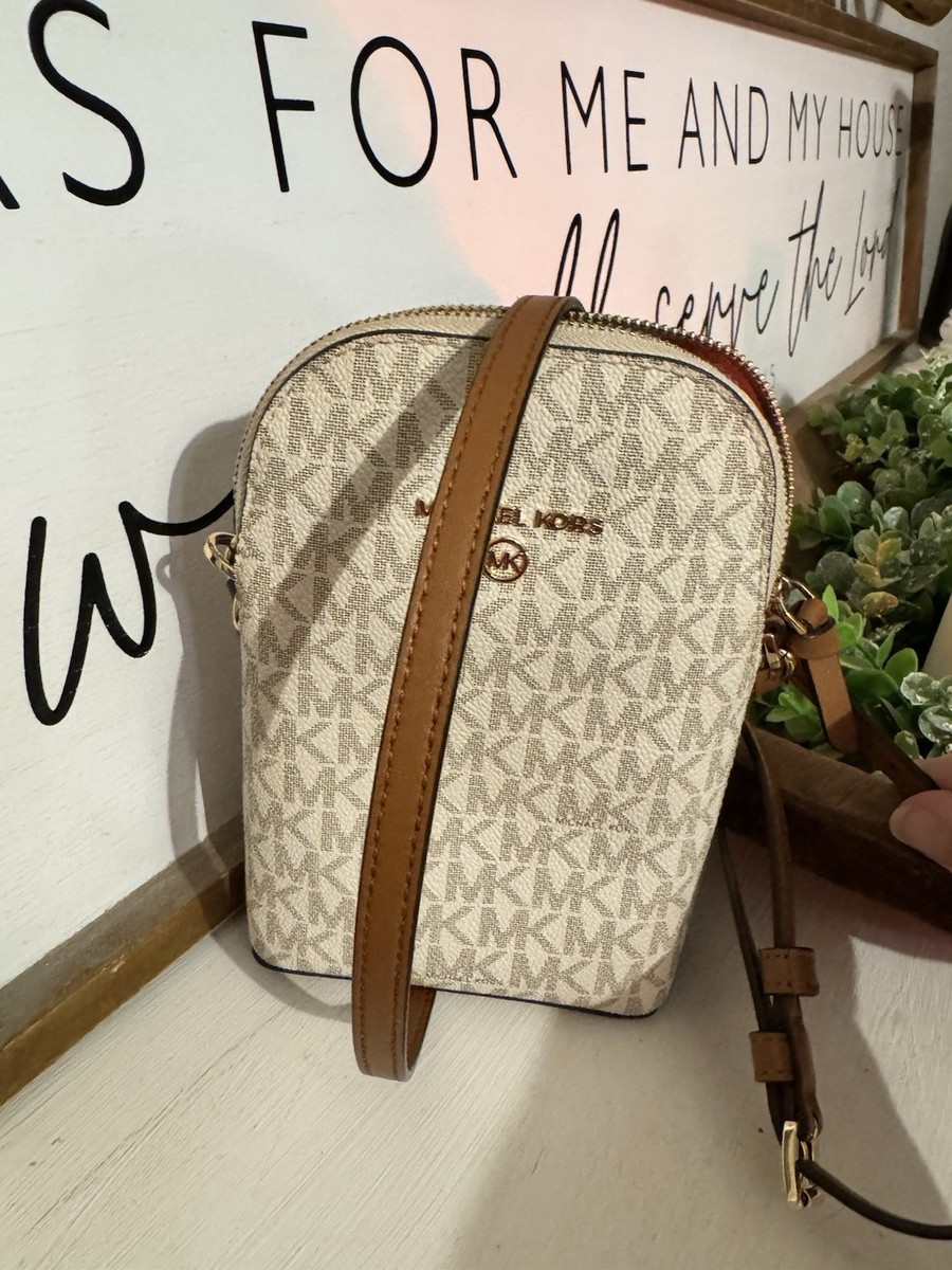 Michael Kors Beige Logo Crossbody Bag Brown Strap Zip 