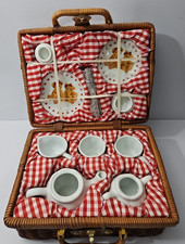 Vtg Delton Children's Porcelain Tea Set in Wicker Basket Beas w/Heart Full Set
