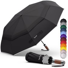 Windproof Folding Travel Umbrella Compact and Strong Luxurious Real Wood Hand...