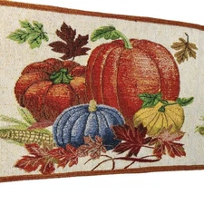 Thanksgiving Halloween Tapestry Table Runner Pumpkin Motif Metallic Trim