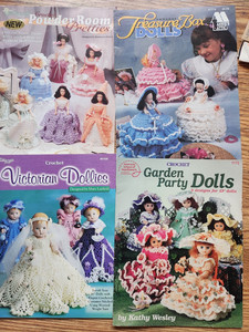 Lot of 4 books: crochet doll dresses Treasure Box Dolls, Powder Room Pretties