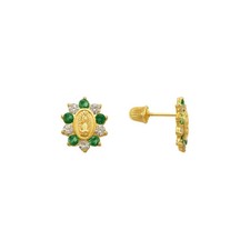 14K Real Yellow Gold Light Screw Backing Guadalupe Flower CZ Stud Earrings