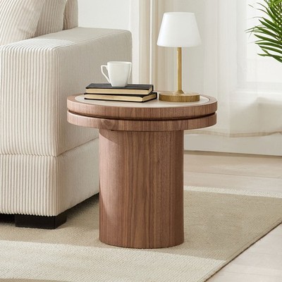19.5'' Round MDF Side Table, Sintered Stone Top, Walnut Finish for Living Room