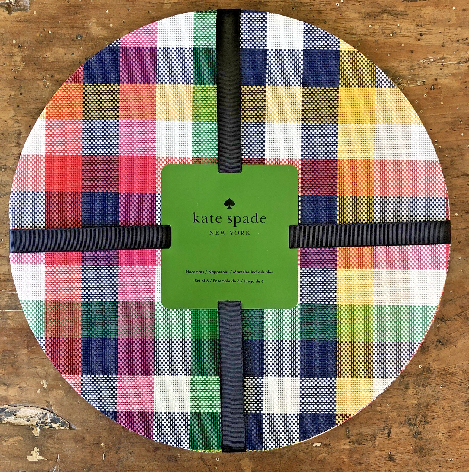 Kate Spade Round Placemats SET of 4 FUN Colorful Vinyl Indoor/Outdoor Reversible