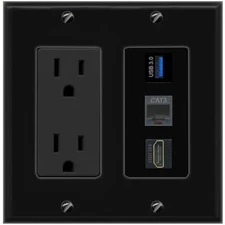 [3 Ports] HD PHONE USB-3 Black Wall Plate with 15A Power Outlet