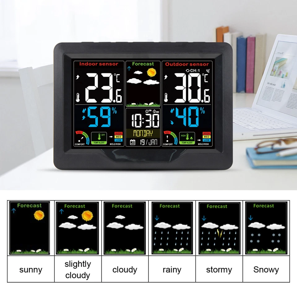 Digital LCD Weather Station Clock Indoor & Outdoor Calendar Thermometer Wireless - Image 4 of 4