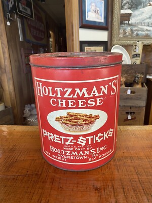 Vintage Holtzman s Cheese Pretz-Sticks Large Tin With Glass Lid Insert 