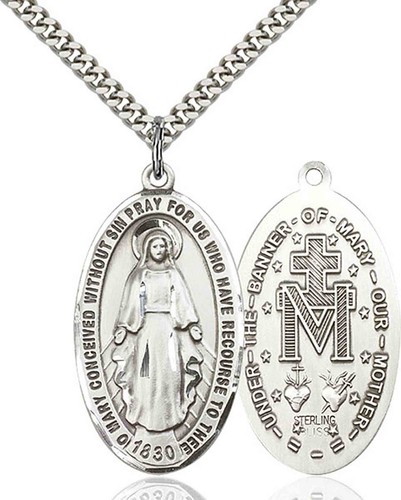 Sterling Silver Miraculous Mary Catholic Oval Medal Pendant Necklace 24"Chain