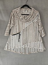 Yushi Blouse Women Small Beige Artsy Lagenlook Texture Holes Mockneck Aline Top
