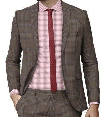 Mens Beige Suits Custom Tailor Made Windowpane Box Check Plaid Bespoke Suit