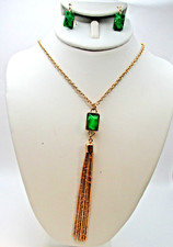 1946 Goldtone Chain and Faux Green Lucite Jade Earrings and Tassel Necklace Set