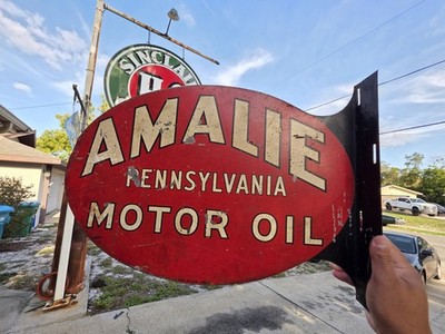 VINTAGE AMALIE PENN MOTOR OIL SIGN DOUBLE SIDED FLANGE
