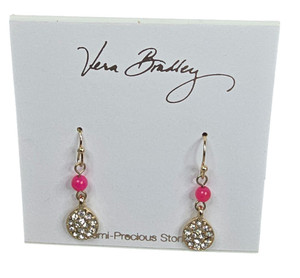 Authentic Vera Bradley Women's Gold Plated Crystal Pink Semi Precious Hook Earrings
