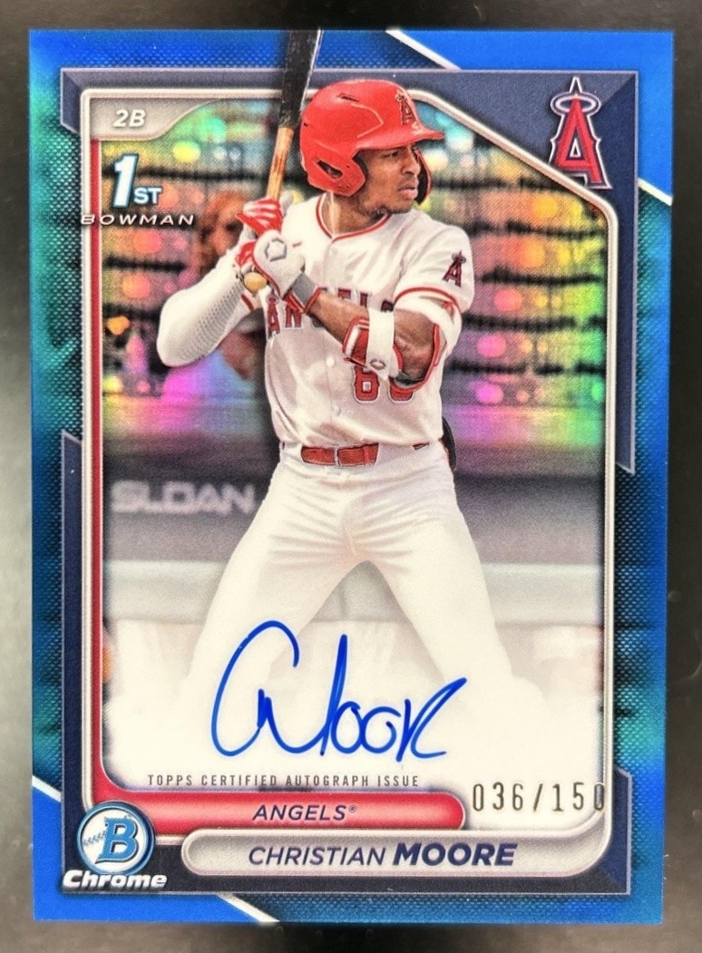 2024 Bowman Draft Christian Moore Chrome Auto Blue Refractor 1st #/150 Angels