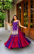 Indian Purple Pink Vichitra Silk Lehenga Choli Shrug Set Women Navratri Garba We